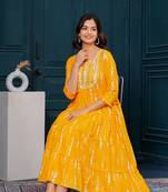 Chrome yellow embroidered cotton lurex anarkali gown