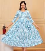 Blue white tie-dye rayon anarkali gown
