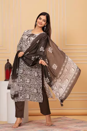 Sequence hand work cotton suit set with printed dupatta