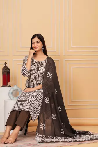Sequence hand work cotton suit set with printed dupatta