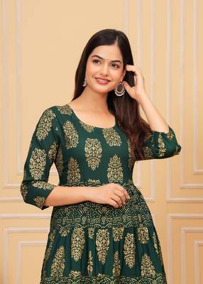 Lunar green gold printed rayon anarkali gown 3