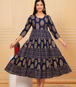 Dark blue gold printed rayon anarkali gown