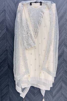 Cream embroidered faux georgette semi stitched salwar suit 3