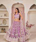 Women's Lavender Butterfly Net White Cotton Thread And Zari Sequence Embroidered Work Lehenga Choli For Wedding