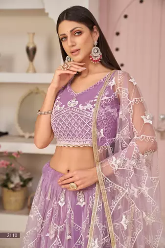 Women's Lavender Butterfly Net White Cotton Thread And Zari Sequence Embroidered Work Lehenga Choli For Wedding