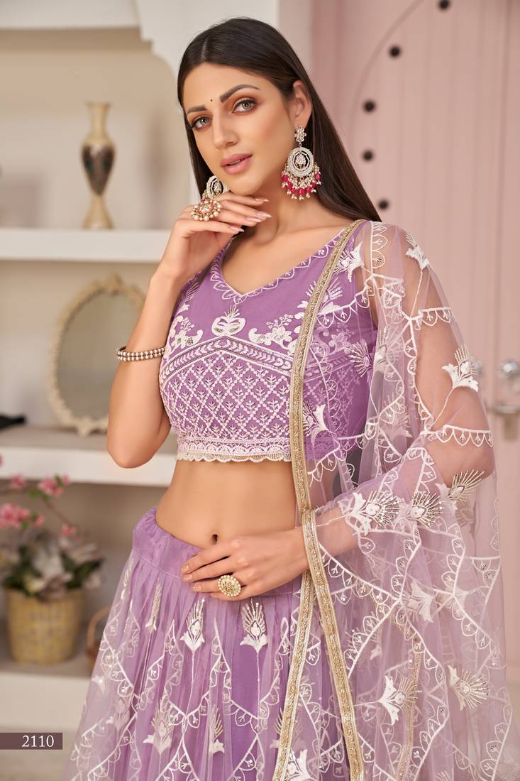 Women's Lavender Butterfly Net White Cotton Thread And Zari Sequence Embroidered Work Lehenga Choli For Wedding