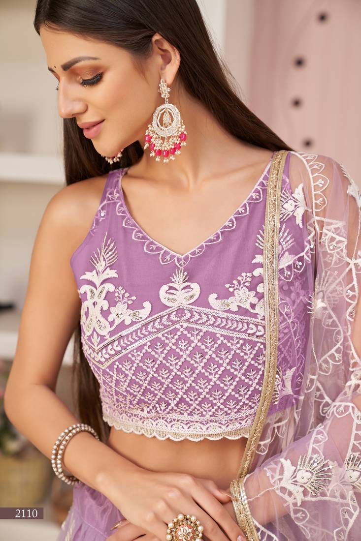 Women's Lavender Butterfly Net White Cotton Thread And Zari Sequence Embroidered Work Lehenga Choli For Wedding