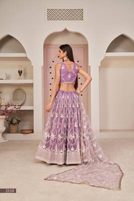 Women's Lavender Butterfly Net White Cotton Thread And Zari Sequence Embroidered Work Lehenga Choli For Wedding 5
