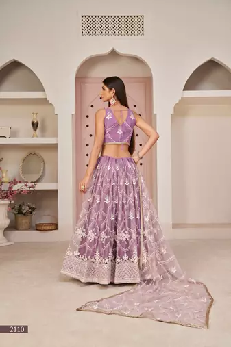 Women's Lavender Butterfly Net White Cotton Thread And Zari Sequence Embroidered Work Lehenga Choli For Wedding