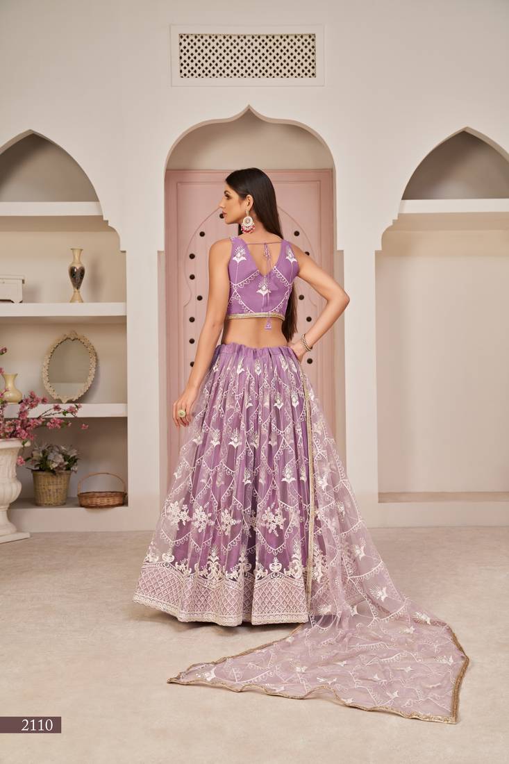 Women's Lavender Butterfly Net White Cotton Thread And Zari Sequence Embroidered Work Lehenga Choli For Wedding