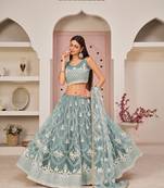 Women's Ocean Blue Butterfly Net White Cotton Thread And Zari Sequence Embroidered Work Lehenga Choli For Wedding