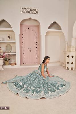 Women's Ocean Blue Butterfly Net White Cotton Thread And Zari Sequence Embroidered Work Lehenga Choli For Wedding 2