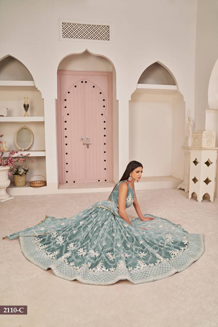 Women's Ocean Blue Butterfly Net White Cotton Thread And Zari Sequence Embroidered Work Lehenga Choli For Wedding