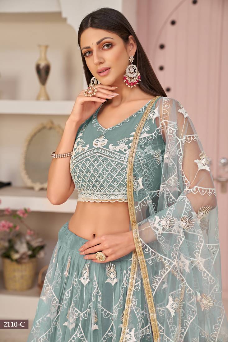 Women's Ocean Blue Butterfly Net White Cotton Thread And Zari Sequence Embroidered Work Lehenga Choli For Wedding