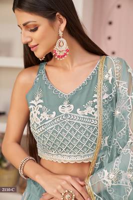 Women's Ocean Blue Butterfly Net White Cotton Thread And Zari Sequence Embroidered Work Lehenga Choli For Wedding 4