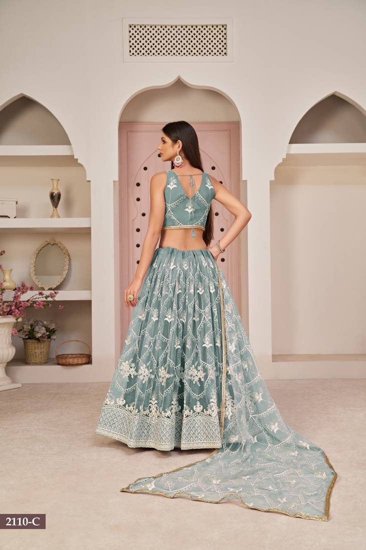 Women's Ocean Blue Butterfly Net White Cotton Thread And Zari Sequence Embroidered Work Lehenga Choli For Wedding