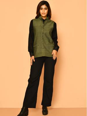 Olive green handloom cotton nehru jacket for women 1