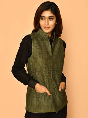 Olive green handloom cotton nehru jacket for women 2