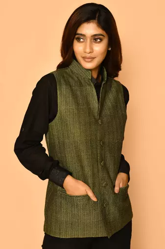 Olive green handloom cotton nehru jacket for women