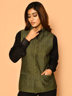 Olive green handloom cotton nehru jacket for women 3