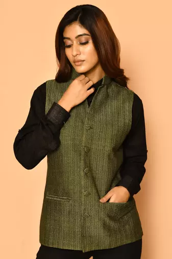 Olive green handloom cotton nehru jacket for women
