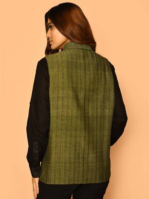 Olive green handloom cotton nehru jacket for women 4