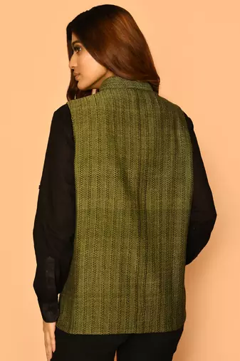 Olive green handloom cotton nehru jacket for women