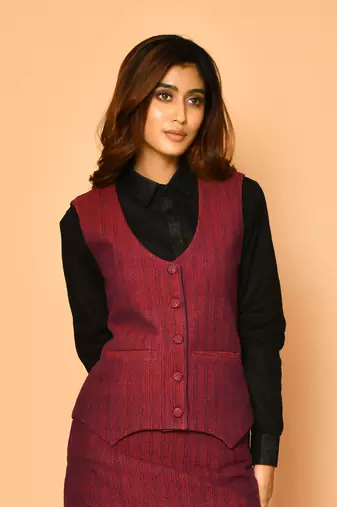 Serena handloom rounded v-neck women's cotton jacket