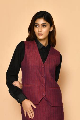 Red v-neck waist coat cotton jacket for ladies