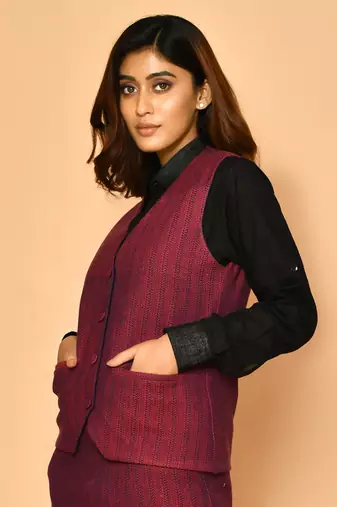 Red v-neck waist coat cotton jacket for ladies
