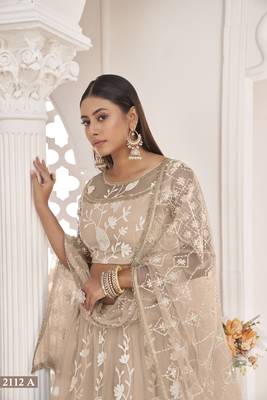 Women's Dusty Chiqu Butterfly Net White Cotton Thread And Zari Sequence Embroidered Work Lehenga Choli For Party Wear 2