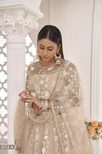 Women's Dusty Chiqu Butterfly Net White Cotton Thread And Zari Sequence Embroidered Work Lehenga Choli For Party Wear