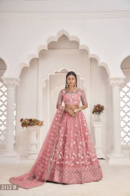 Women's Peach Butterfly Net White Cotton Thread And Zari Sequence Embroidered Work Lehenga Choli For Party Wear 1