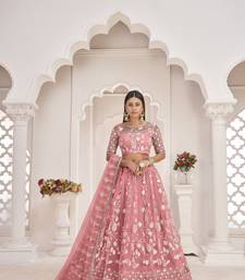 Women's Peach Butterfly Net White Cotton Thread And Zari Sequence Embroidered Work Lehenga Choli For Party Wear
