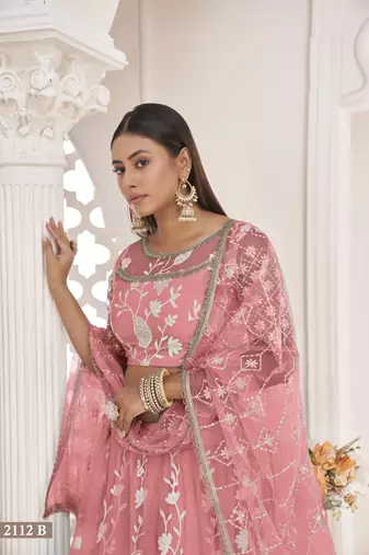 Women's Peach Butterfly Net White Cotton Thread And Zari Sequence Embroidered Work Lehenga Choli For Party Wear