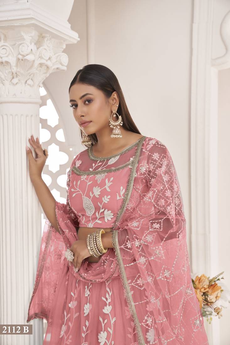 Women's Peach Butterfly Net White Cotton Thread And Zari Sequence Embroidered Work Lehenga Choli For Party Wear