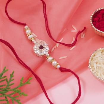 designer kundan pearl bhaiya rakhi with roli chawal & rakshabandhan card for brother 1