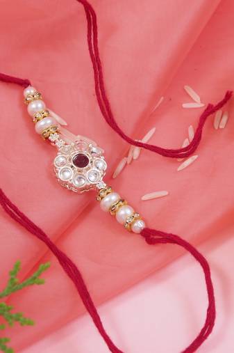 designer kundan pearl bhaiya rakhi with roli chawal & rakshabandhan card for brother
