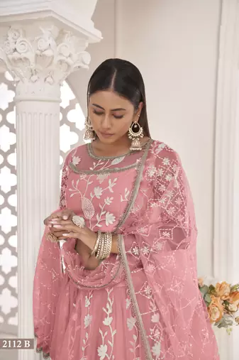 Women's Peach Butterfly Net White Cotton Thread And Zari Sequence Embroidered Work Lehenga Choli For Party Wear