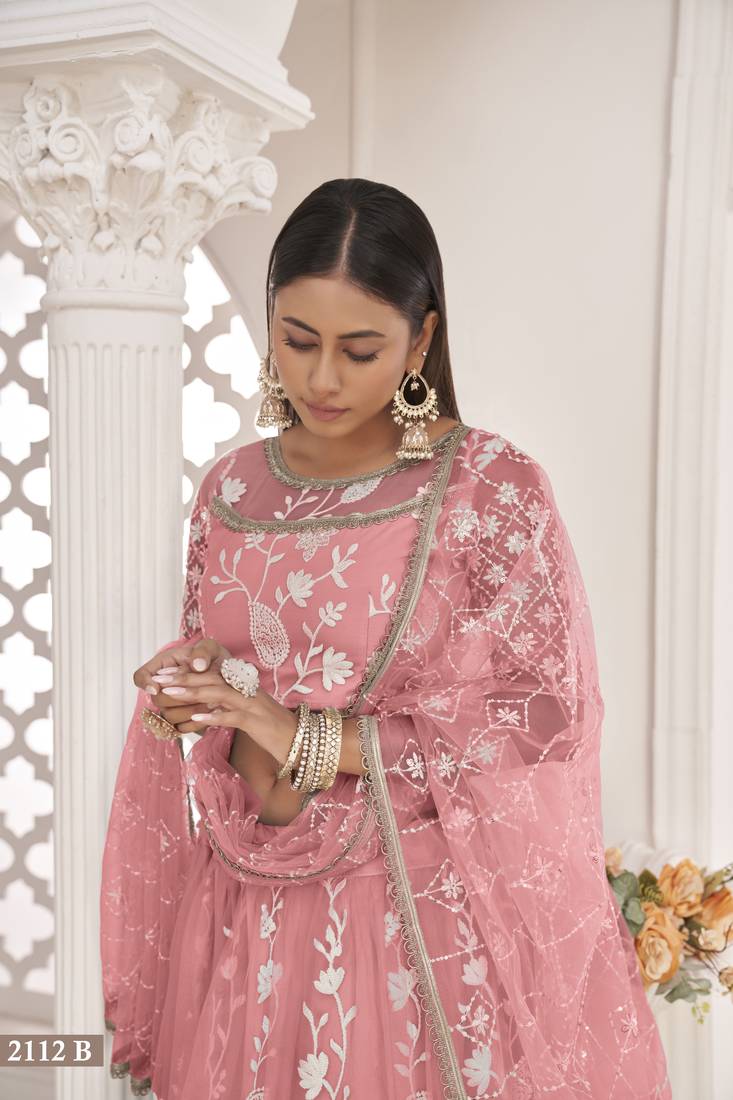 Women's Peach Butterfly Net White Cotton Thread And Zari Sequence Embroidered Work Lehenga Choli For Party Wear