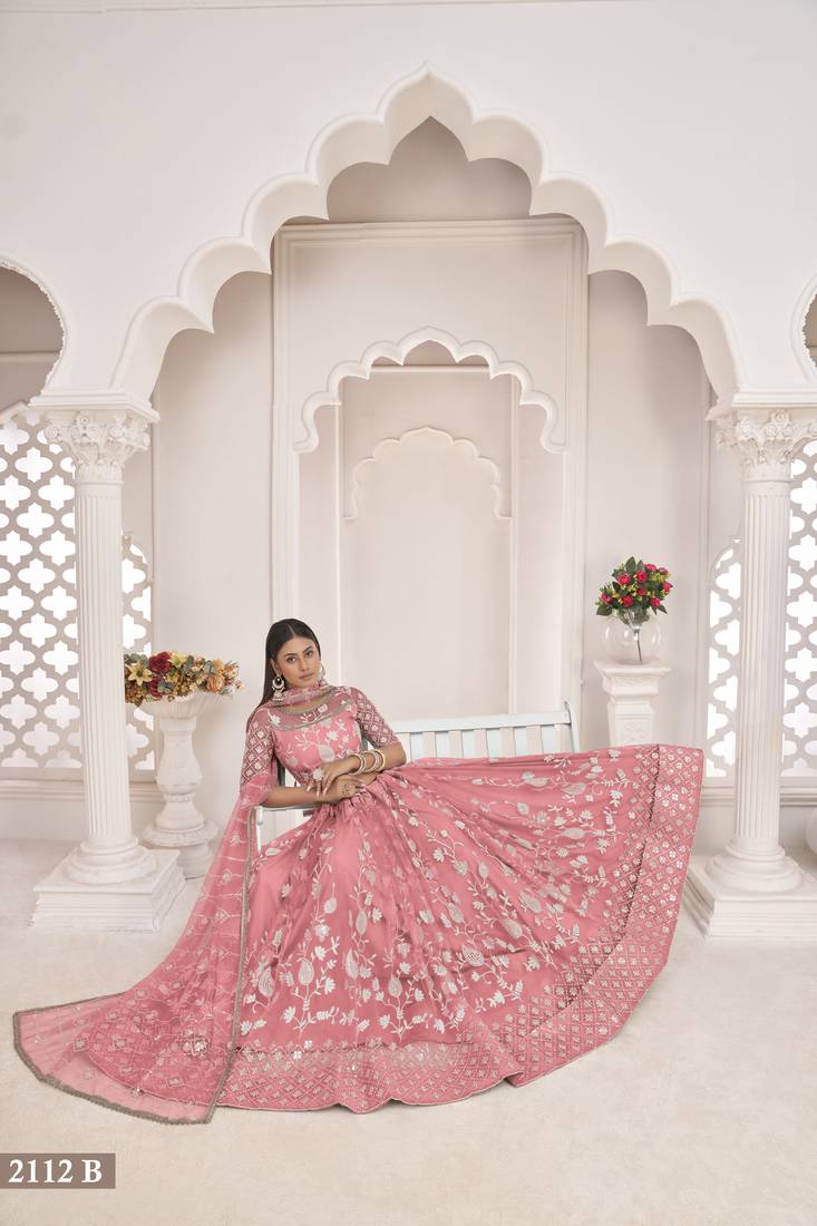Women's Peach Butterfly Net White Cotton Thread And Zari Sequence Embroidered Work Lehenga Choli For Party Wear