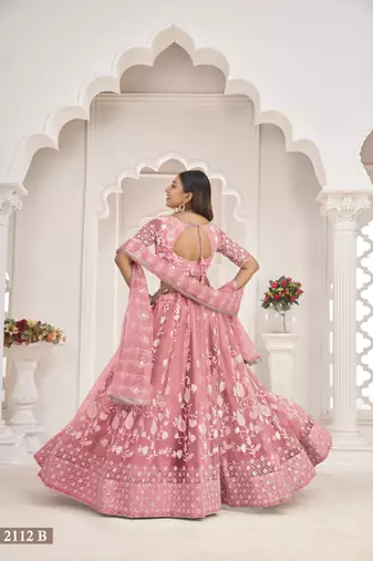Women's Peach Butterfly Net White Cotton Thread And Zari Sequence Embroidered Work Lehenga Choli For Party Wear
