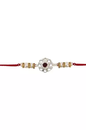 designer kundan pearl bhaiya rakhi with roli chawal & rakshabandhan card for brother