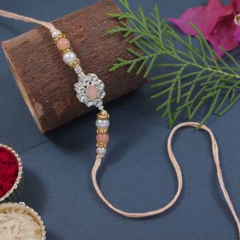 designer kundan pearl rakhi with roli chawal & rakshabandhan card for brother 1