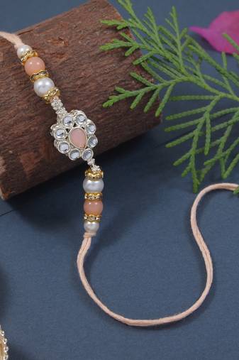 designer kundan pearl rakhi with roli chawal & rakshabandhan card for brother