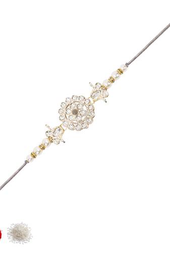 designer kundan pearl rakhi with roli chawal & rakshabandhan card for brother