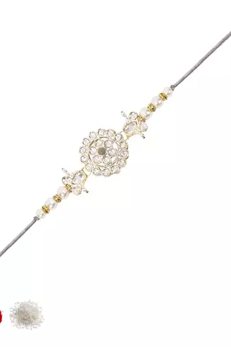 designer kundan pearl rakhi with roli chawal & rakshabandhan card for brother