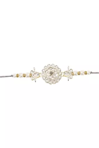 designer kundan pearl rakhi with roli chawal & rakshabandhan card for brother