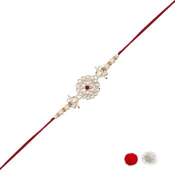 designer kundan pearl rakhi with roli chawal & rakshabandhan card for brother 2