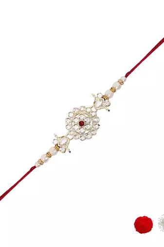 designer kundan pearl rakhi with roli chawal & rakshabandhan card for brother